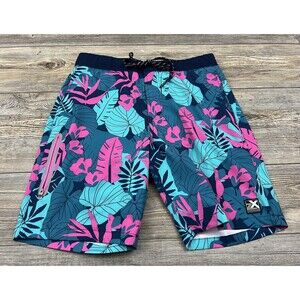 Zeroxposur Men's Swim Trunks Blue & Pink Leaf Pattern Lined Size Small